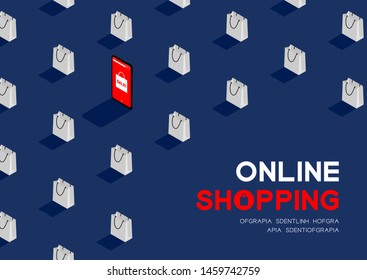 Online shopping in smartphone with shopping bag 3D isometric pattern, Sale promotion concept poster and banner horizontal design illustration isolated on blue background with copy space, vector eps 10