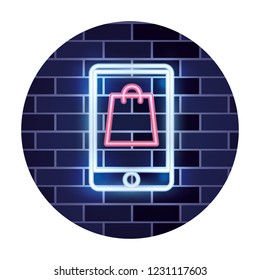 online shopping smartphone bag neon wall