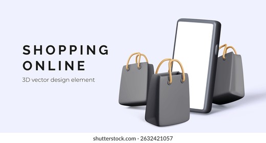 Online Shopping with Smartphone and Bags. Modern 3D Render Representing E-Commerce, Mobile Payment, and Retail Concept. Clean Vector Illustration