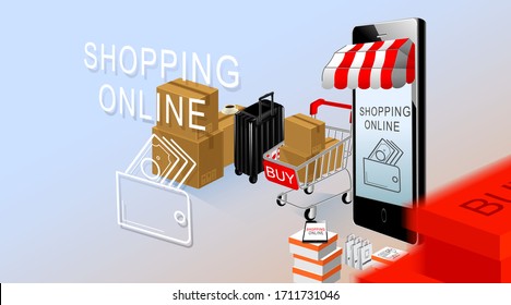 Online shopping, Smartphone and Cart with products with blue background