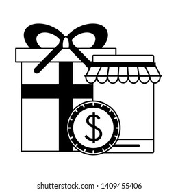 online shopping smartphone concept cartoon vector illustration graphic design in black and white