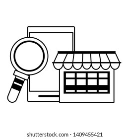 online shopping smartphone concept cartoon vector illustration graphic design in black and white