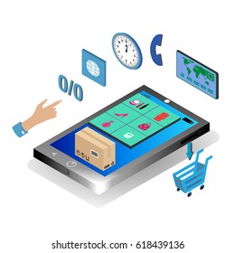 Online shopping with smartphone concept flowchart isometric. vector illustration