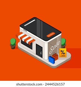 Online shopping with smartphone concept isometric style, vector illustration