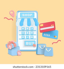 Online shopping smartphone concept vector illustrations application. e-commerce with icons on shelf. for digital marketing promotions. bag, credit card and gift box for e-commerce .