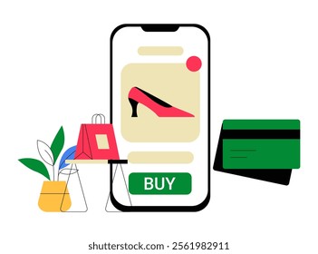 Online Shopping With Smartphone Featuring High Heel Shoe, Credit Card, And Shopping Bags In Flat Vector Illustration Symbolizing E Commerce And Retail, Isolated On White Background