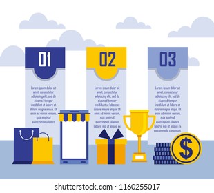 online shopping smartphone gift bag money infographic business