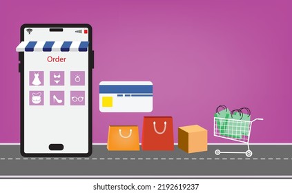 online shopping with smartphone, gift, credit card on road for business marketing concept service of fullcolor, modren design vector  background