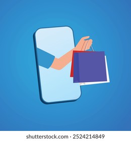Online shopping smartphone. Hand with shopping bag for customer
