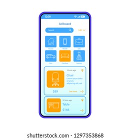 Online shopping smartphone interface vector template. Mobile app page black design layout. Ad board, marketplace application screen. Flat UI. Selling, purchasing adverts platform on phone display