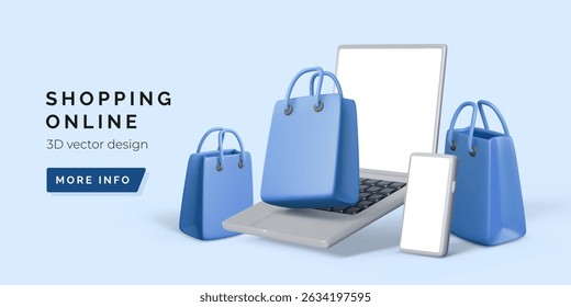 Online Shopping with Smartphone and Laptop. Modern 3D Concept of E-Commerce, Delivery, and Digital Retail Experience. Minimal Blue Background Scene. Vector Illustration