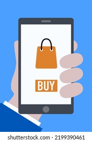 Online shopping in smartphone on blue background and space for text.