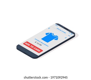 Online shopping from a smartphone on mobile application. Vector isometric illustration.