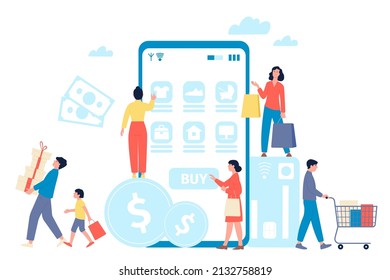Online shopping. Smartphone ordering clothes and beauty elements. E-commerce, digital market and smart payment. Web store and customers recent vector scene