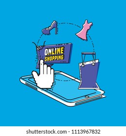 online shopping with smartphone pop art style