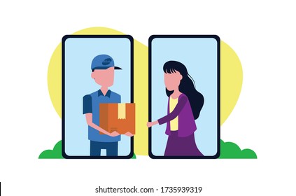 online shopping with smartphone receive package from delivery service concept. Flat design illustration