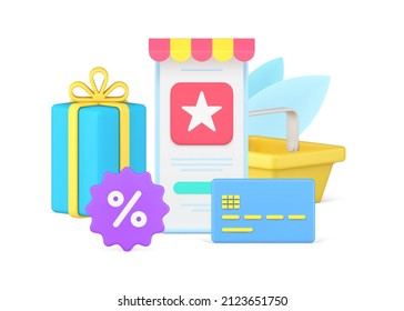 Online shopping smartphone screen awning user interface with credit card, supermarket basket and gift box 3d icon vector illustration. Digital store cyberspace purchasing with sale discount label