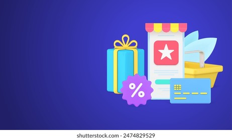 Online shopping smartphone screen awning user interface with credit card, supermarket basket and gift box 3d icon vector illustration. Digital store cyberspace purchasing with sale discount label