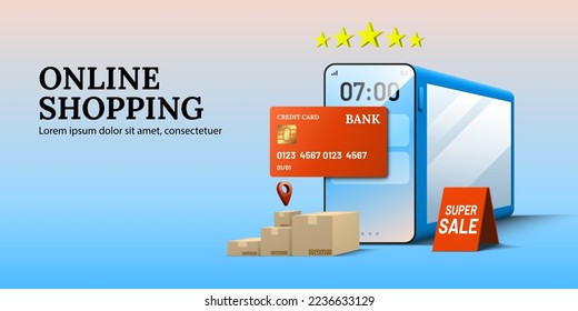 Online shopping smartphone store with location map pin credit card parcel boxes and stars