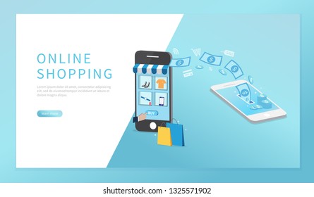 Online shopping with smartphone. Template design for website and mobile website. Flat isometric vector illustration