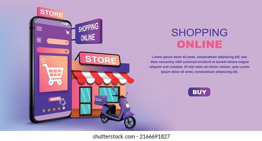 compras en línea en aplicaciones móviles de medios sociales o conceptos de sitio web, banner web.