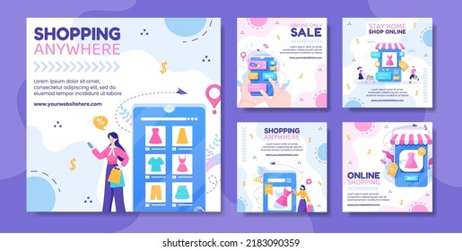 Online Shopping Social Media Post Template Flat Cartoon Background Vector Illustration