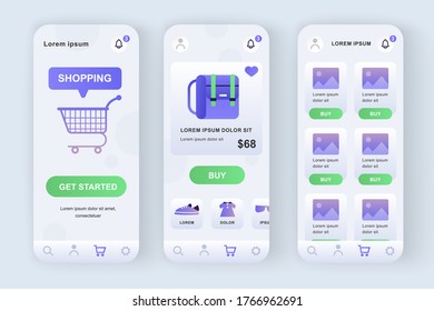 Online shopping solution unique design kit. Shopping app with product photo, description and price. Internet marketplace platform UI, UX template set. GUI for responsive mobile application.