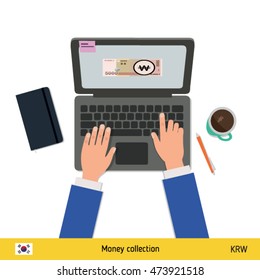 Online shopping. South Korean won banknote. E-commerce platform concept vector illustration.