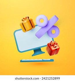 Online shopping. Special online offer cartoon concept with pc, gift boxes, money and percent sign.