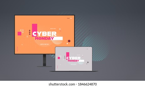 online shopping special offer cyber monday sale holiday discounts e-commerce concept digital devices screens horizontal vector illustration