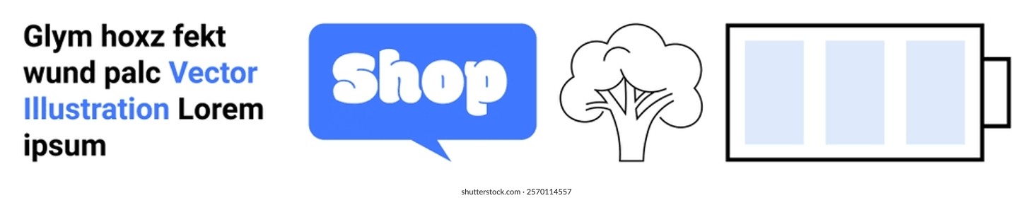 Online shopping with speech bubble saying shop, tree, and battery icon. Ideal for e-commerce, environmentalism, energy conservation, product promotions, and website banners. Banner for landing page