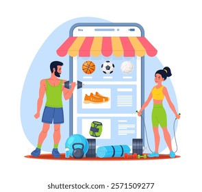 Online shopping for sports and fitness products. Man and woman buying sort uniform and equipment in internet shop. Mobile app on smartphone screen. Cartoon flat isolated vector concept