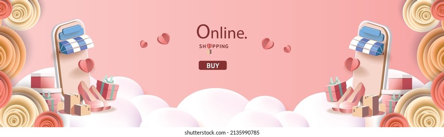 online shopping spring on phone flower pink big sale banner marketing poster fashion 