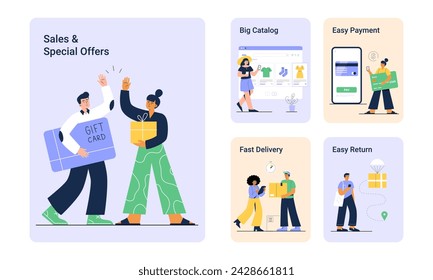 Online shopping stages. Choice goods, online payment, fast delivery, easy return, loyalty program. Vector flat illustrations for landing page, web banner, or promo.