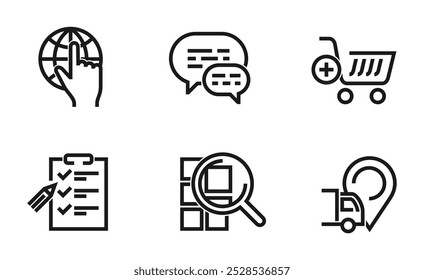 Online shopping stages icons set for web guide and infographics - search, add to cart, check out, warranty, delivery. Pictograms in bold line