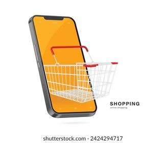 Online shopping, Steel or stainless steel shopping basket with handles covered in red plastic appears on the smartphone screen, vector 3d isolated for e commerce, delivery advertising design