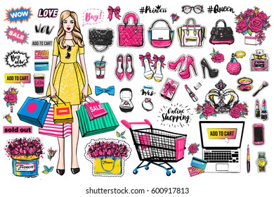 Online shopping stickers and patches super collection. Vector fashion illustration in vogue style.