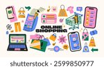 Online shopping stickers set. Featuring cash register, computer, shopping cart, checkout interface, and e-commerce elements. Vibrant vector shapes for digital retail and online shopping concepts
