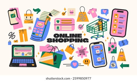 Online shopping stickers set. Featuring cash register, computer, shopping cart, checkout interface, and e-commerce elements. Vibrant vector shapes for digital retail and online shopping concepts