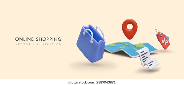 Online shopping. Store advertisement in cartoon style. 3D bag, map, geotag, receipt, price tag with discount. Worldwide delivery. Color header, banner