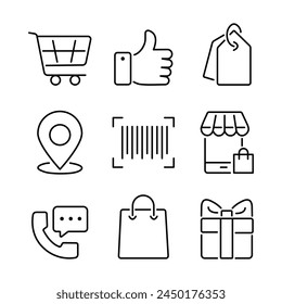 Online shopping, store, bag, barcode, delivery, promotion, shopping cart and e-commerce outline icons set isolated on white background flat vector illustration.