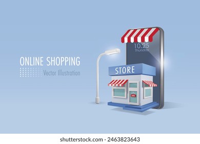 Online shopping. Store building on smartphone. E commerce, retail marketing and discount store on mobile app. 3D vector.