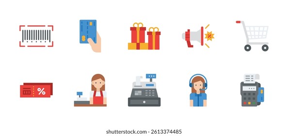 online shopping store buy sell prices deals icons. flat color style icon set