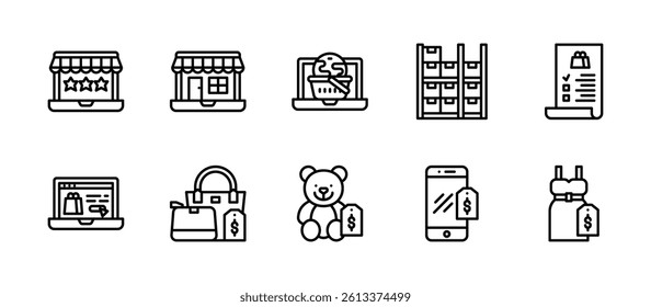 online shopping store buy sell prices deals icons. outline minimal style icon set