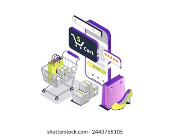 Online Shopping Store composition. Isometric phone makes a purchase in Marketplace. Shopping cart with a package. Vector illustration
