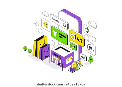 Online Shopping Store composition. Isometric phone makes a purchase in Marketplace. Shopping cart with a package. Vector illustration