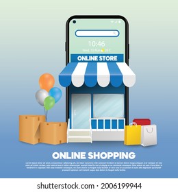 online shopping ,store concept background  vector blue color theme