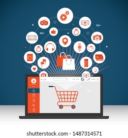 Online shopping and online store concept. Laptop with screen buy. Vector illustration 