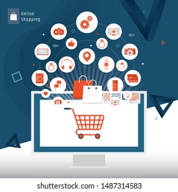 Online shopping and online store concept. Laptop with screen buy. Vector illustration 