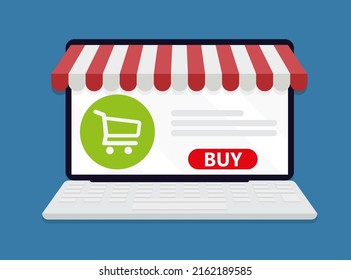 Online shopping and online store concept. Laptop with screen buy. Vector illustration icon. Eps 10